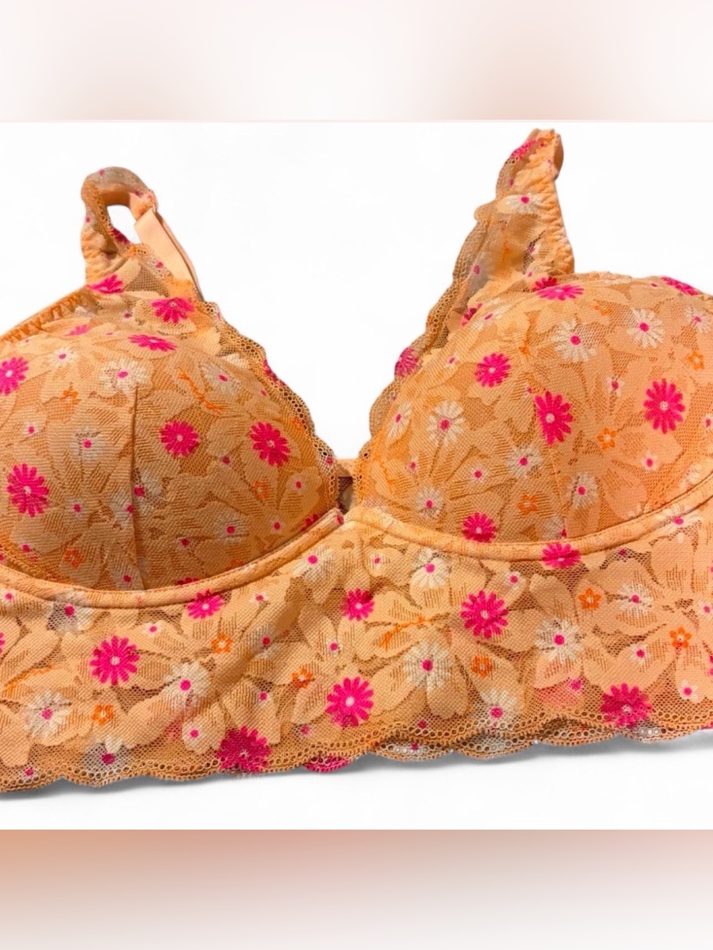 Victoria Secrets Pink Lace Floral Bralette in Peach with Pink Flower Accents